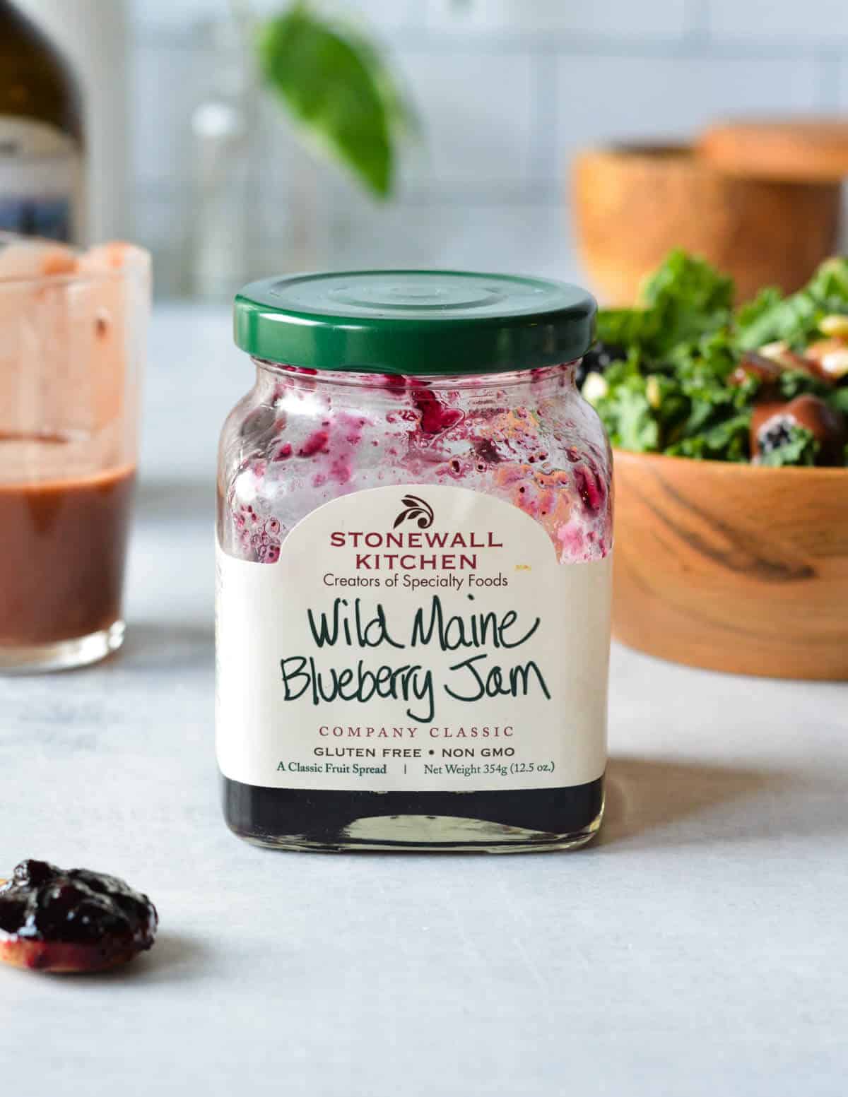a jar of stonewall kitchen wild maine blueberry jam.