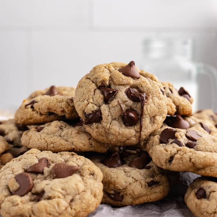 a stack of gluten free chocolate chip cookies