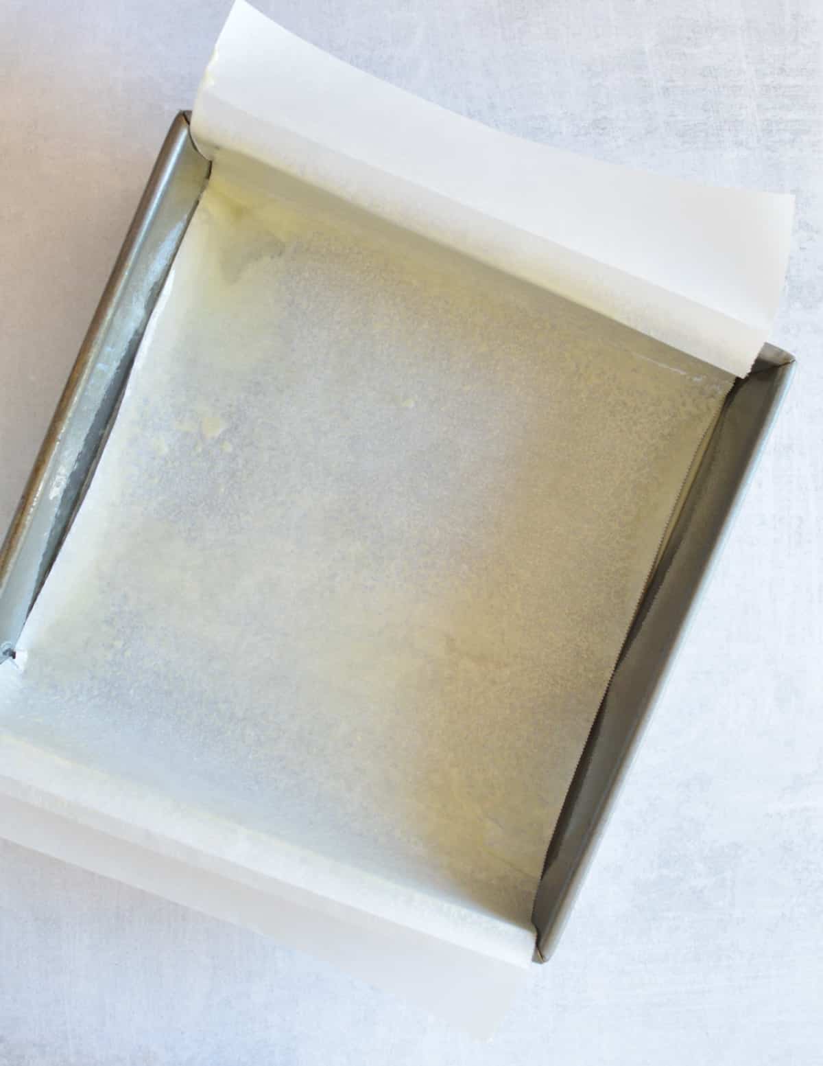 parchment paper in a baking pan coated in nonstick spray.