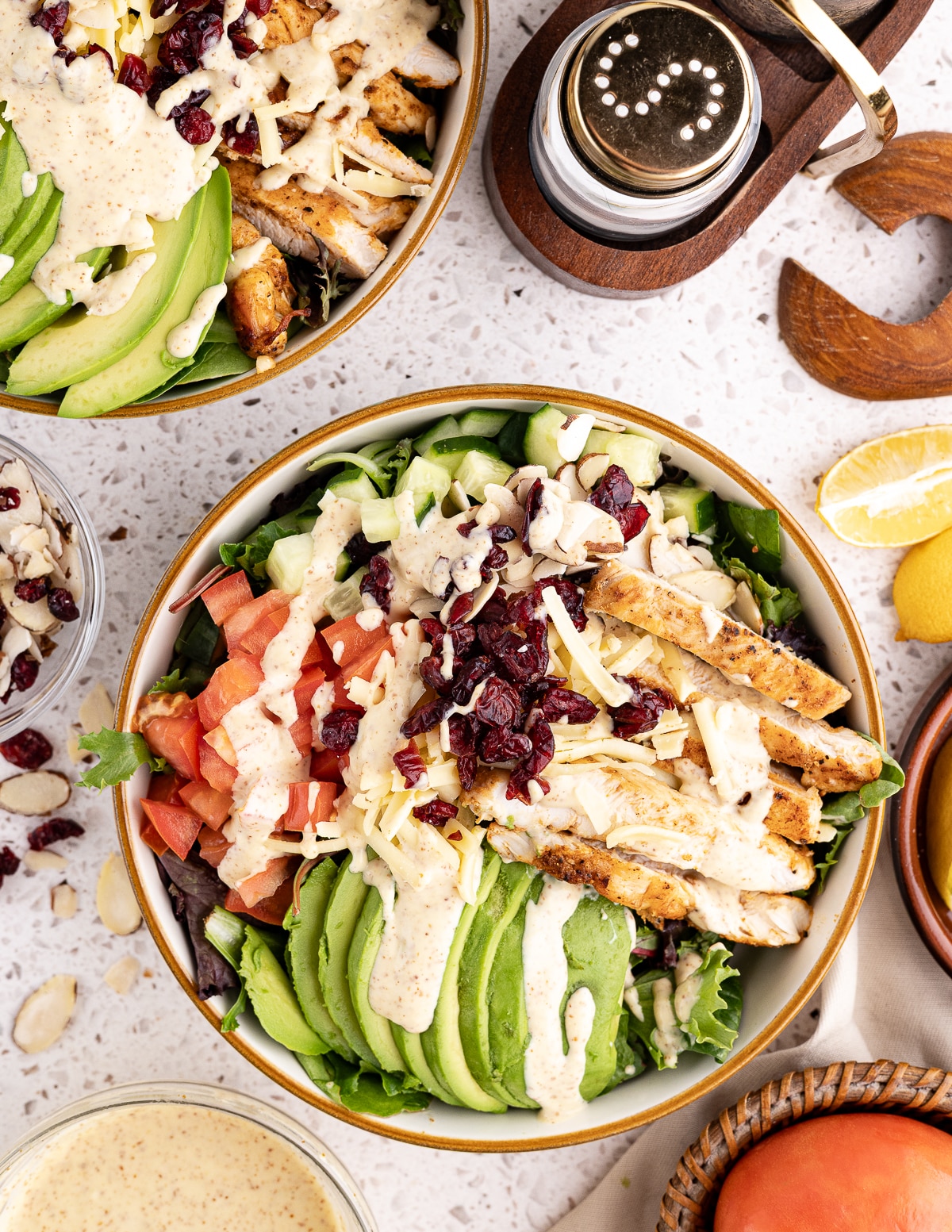 a large mixed greens salad with grilled chicken, dried cranberries, tomatoes, avocado, and honey mustard dressing.
