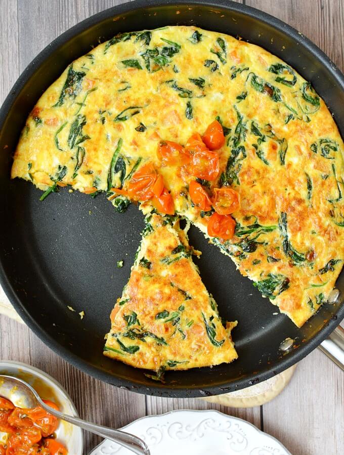 Spinach Frittata with Cherry Tomato Jam - caramel and cashews