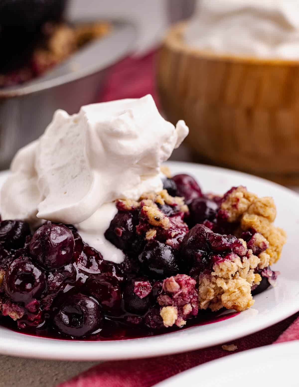 a plate of gluten-free blueberry crisp with vanilla ice cream on top.