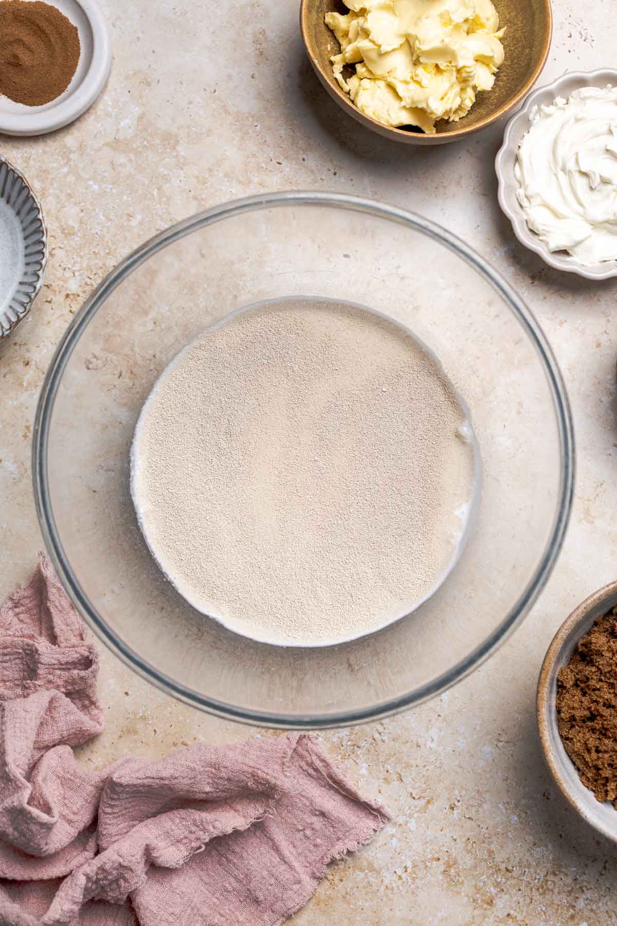 active dry yeast and milk in a bowl.