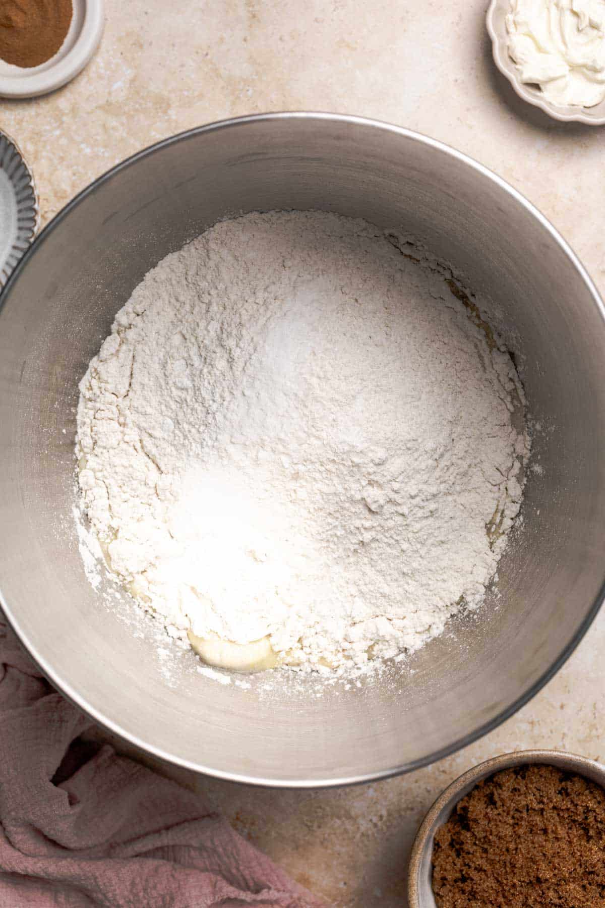 flour in the bowl of a stand mixer