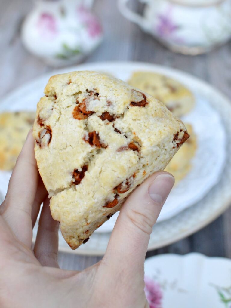 close up of a gluten free cinnamon chip scone