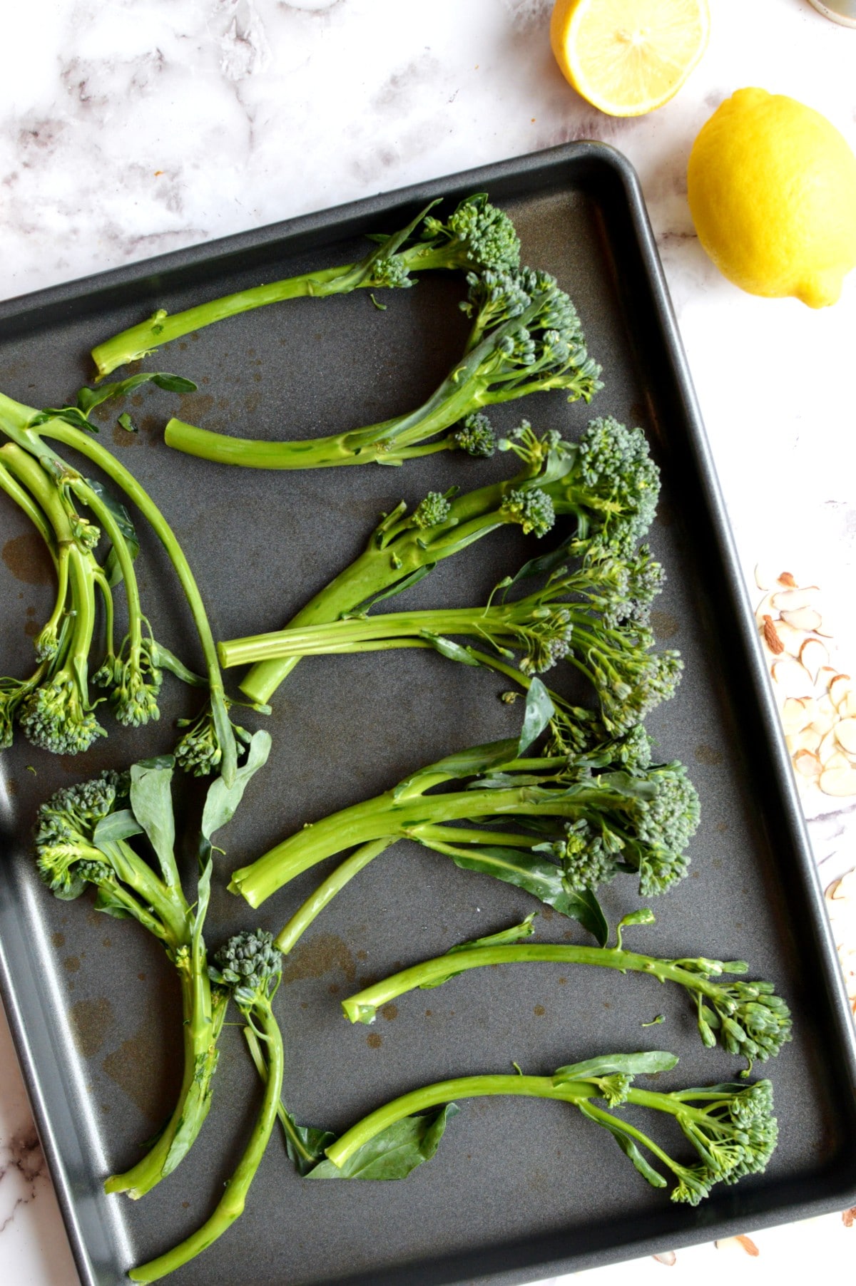A sheet pan of tenderstem broccoli