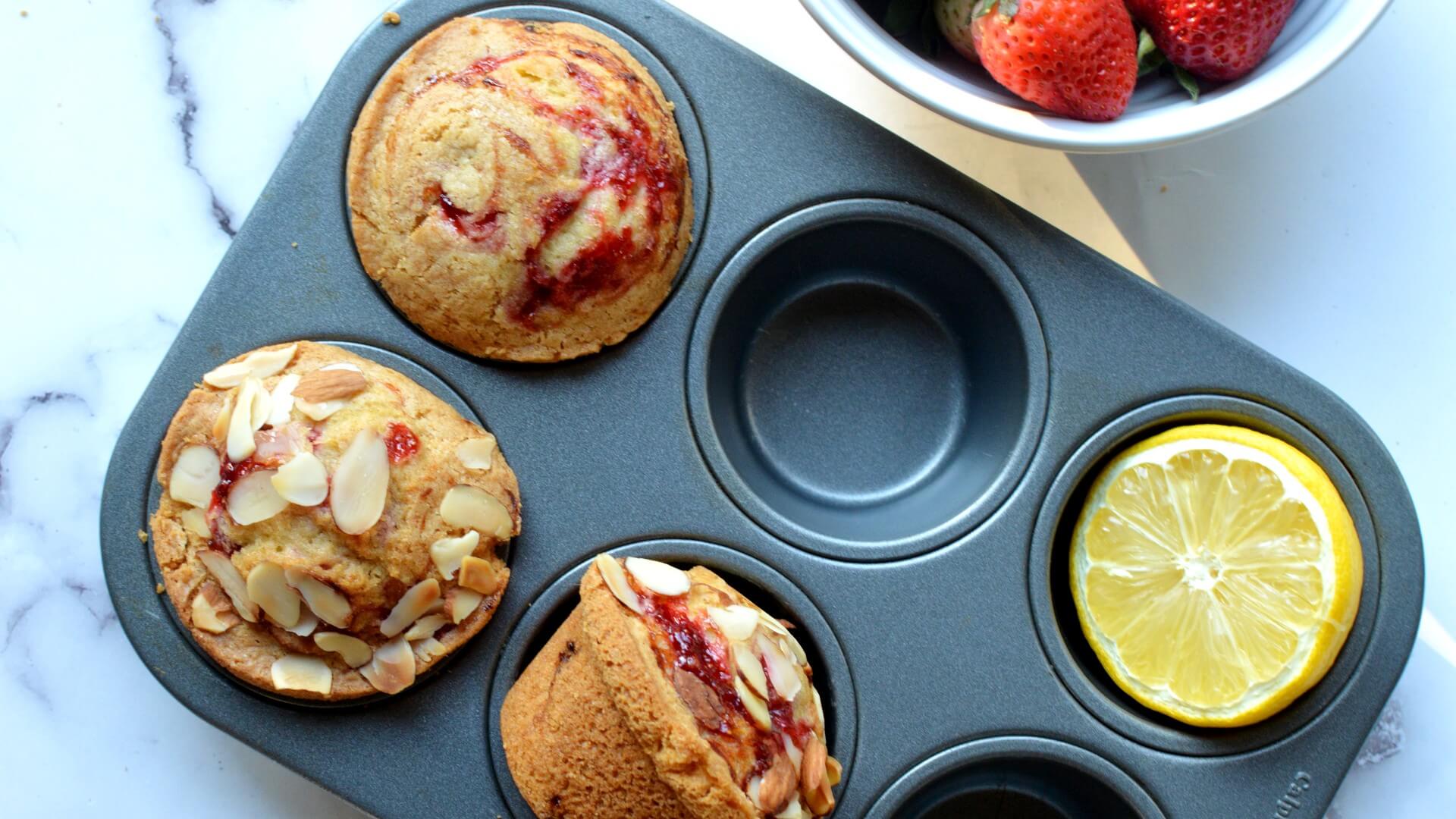 Luscious Gluten-Free Strawberry Muffins 6 A muffin pan with strawberry muffins