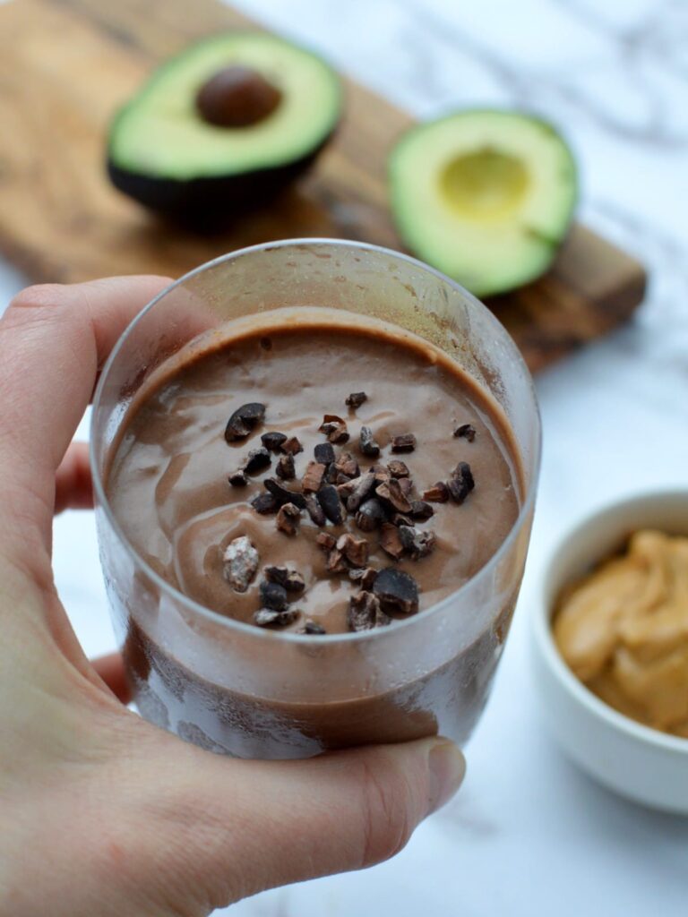 Peanut Butter Avocado Chocolate Smoothie caramel and cashews