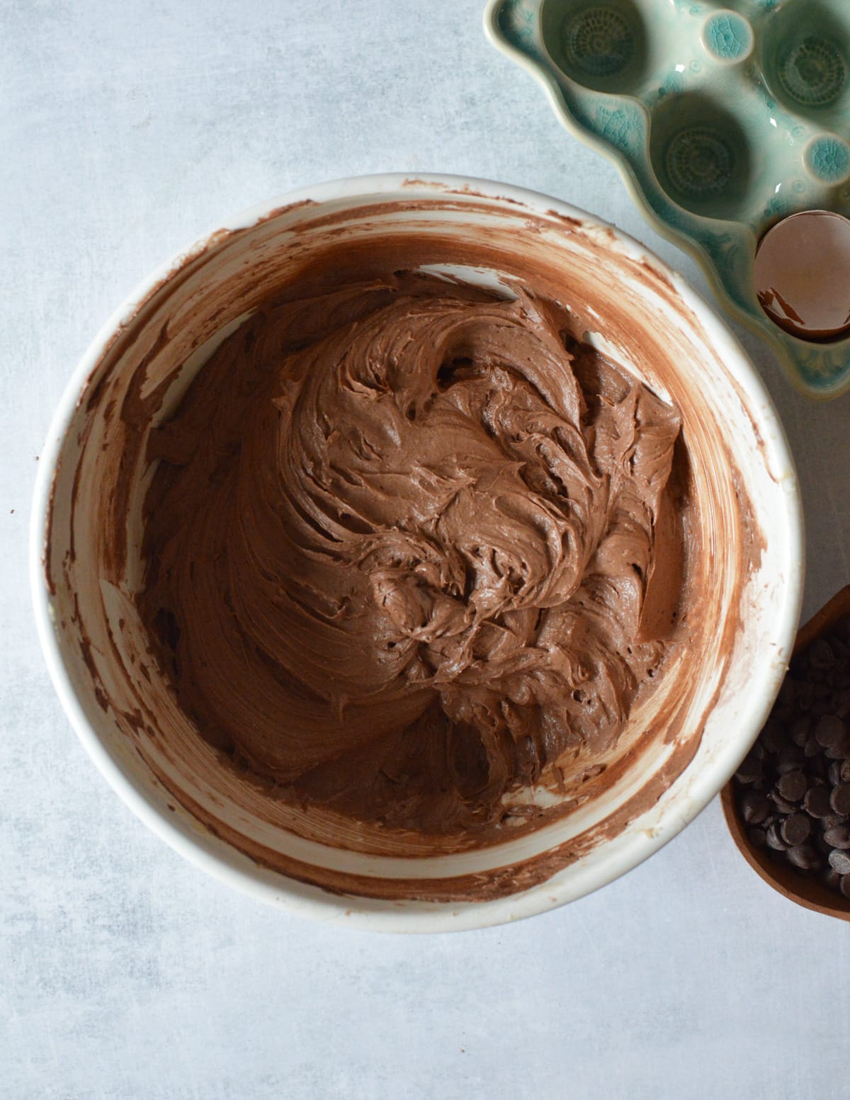 a bowl of gluten free chocolate pound cake batter.