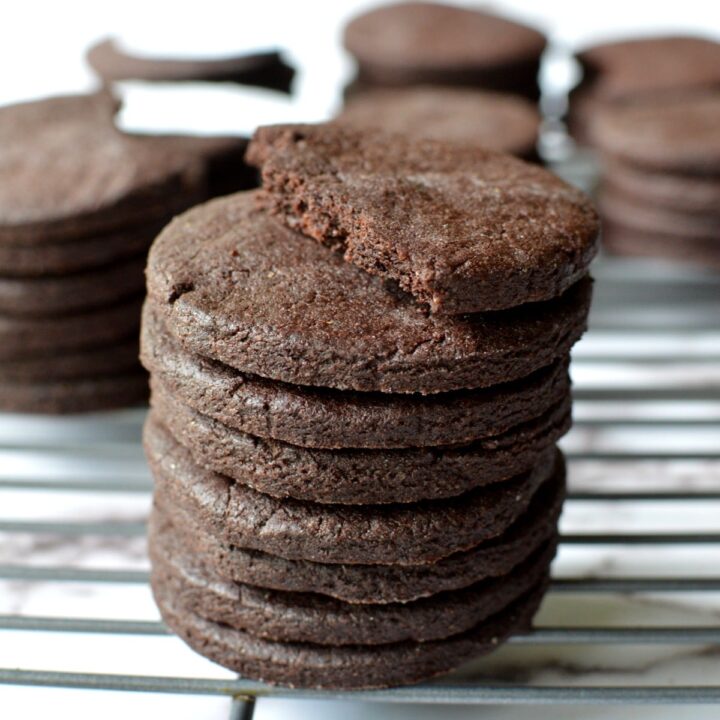 A stack of chocolate wafer cookies