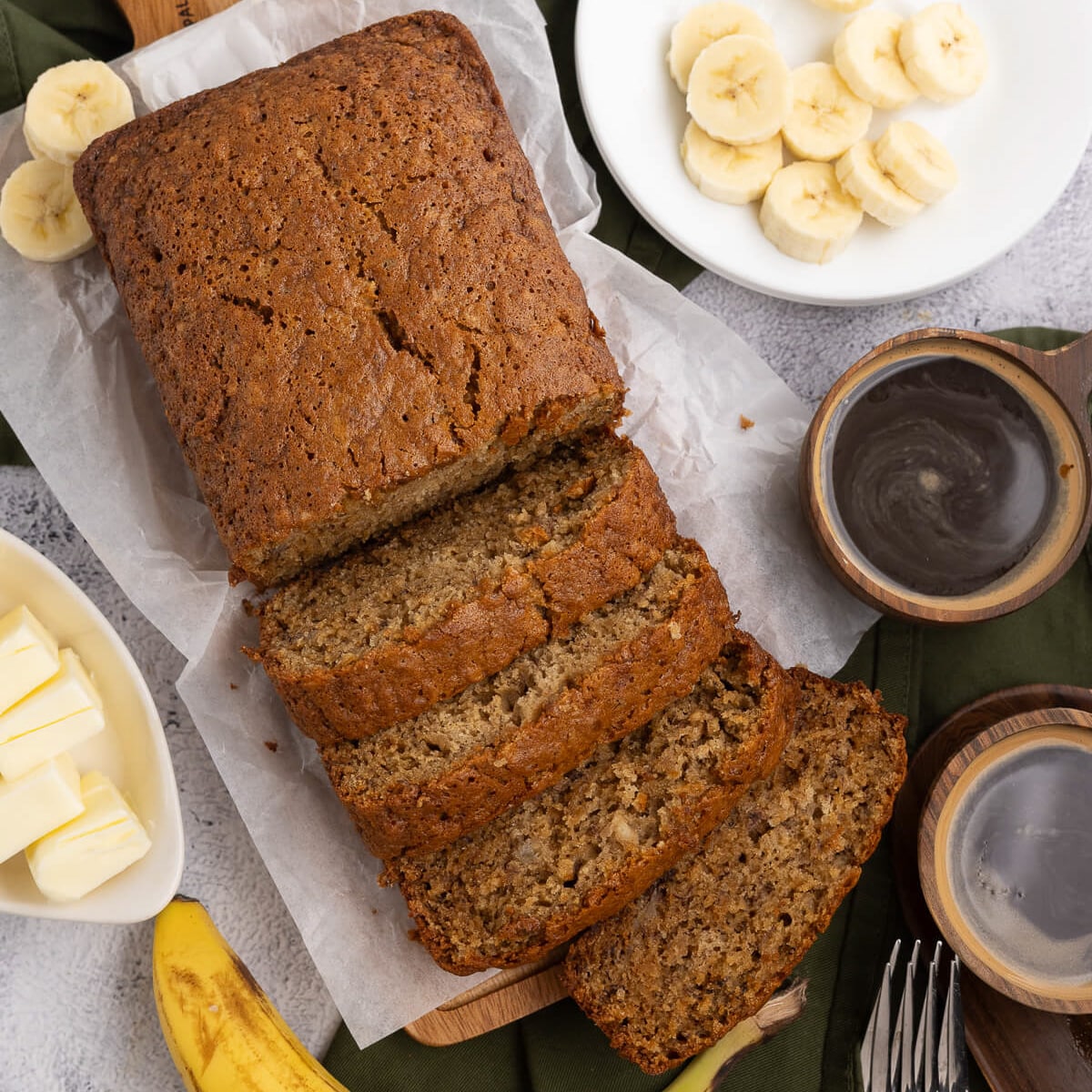 gluten free banana bread cut into slices.