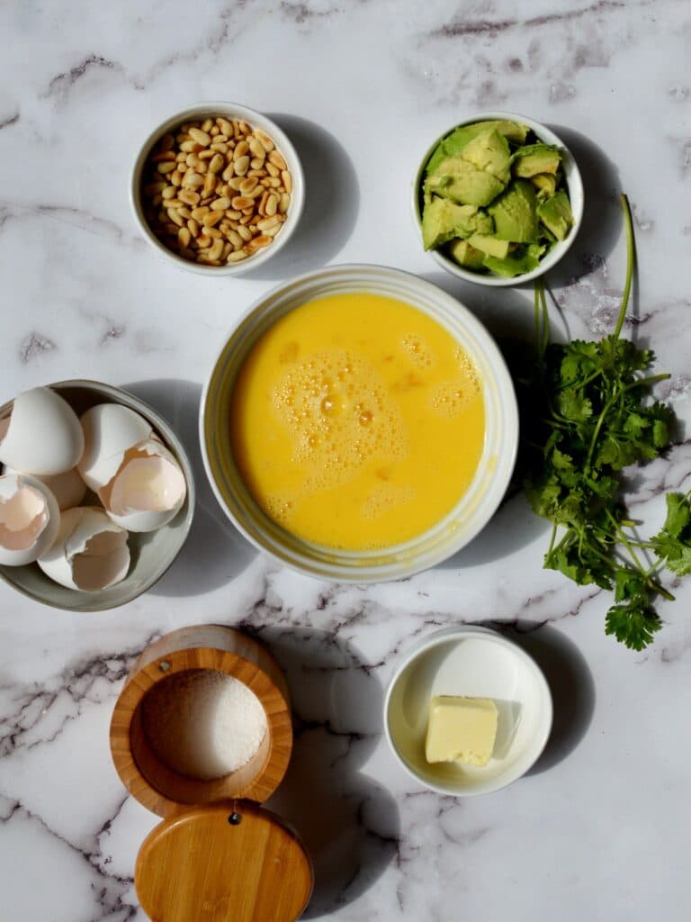Avocado Scrambled Eggs with Pine Nuts caramel and cashews