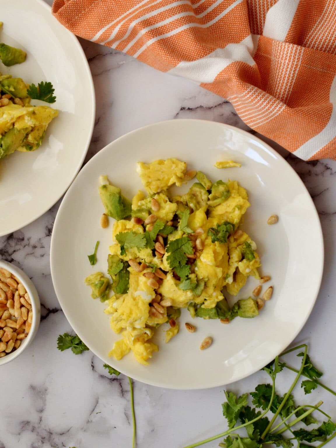 Avocado Scrambled Eggs with Pine Nuts caramel and cashews