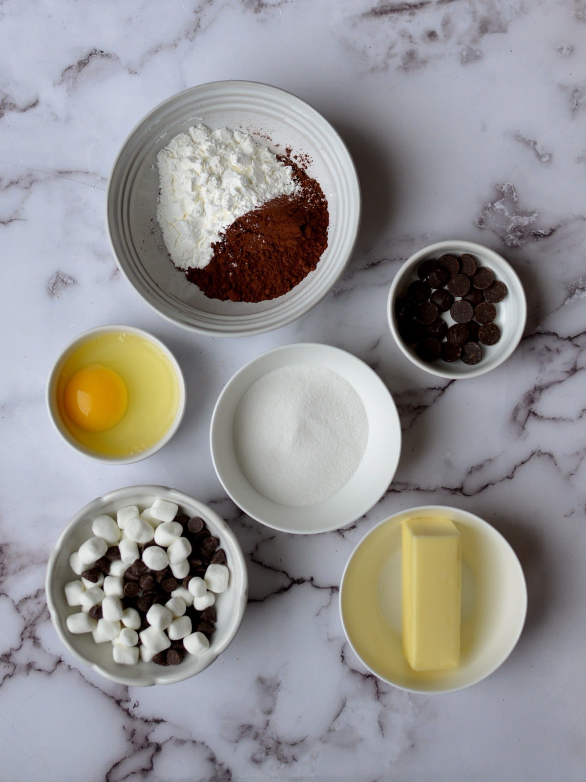 ingredients for chocolate and marshmallow cookies