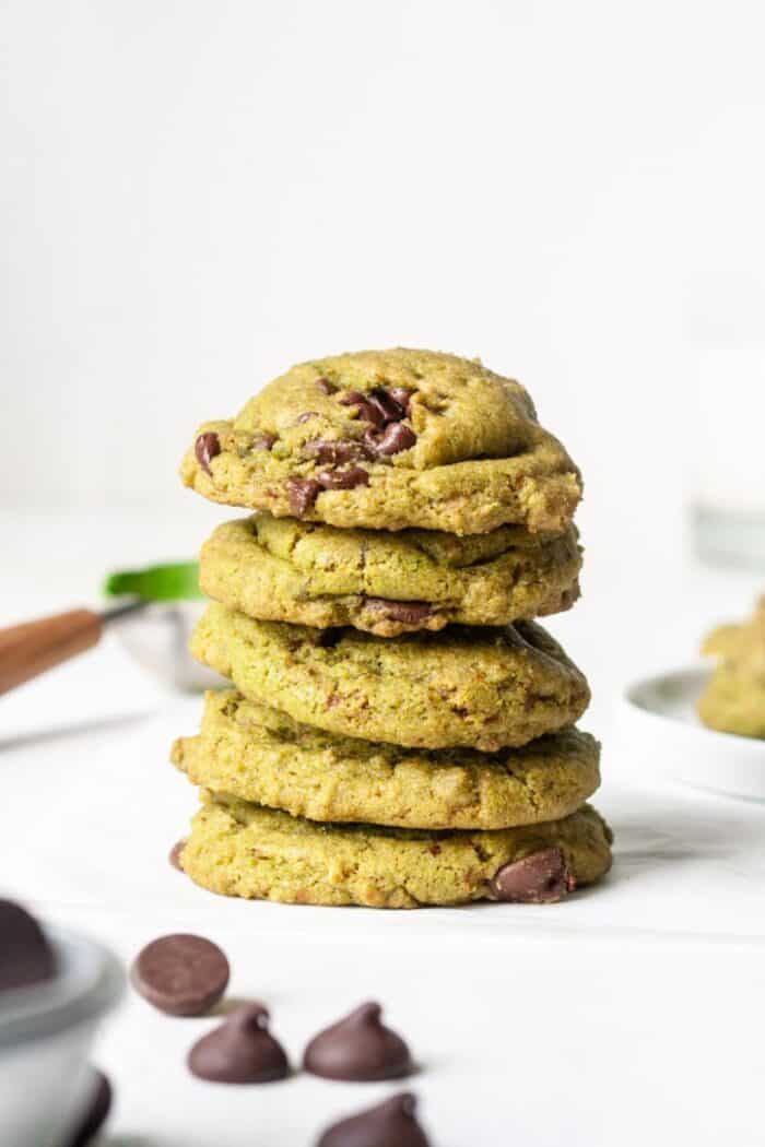 stack of matcha chocolate chip cookies