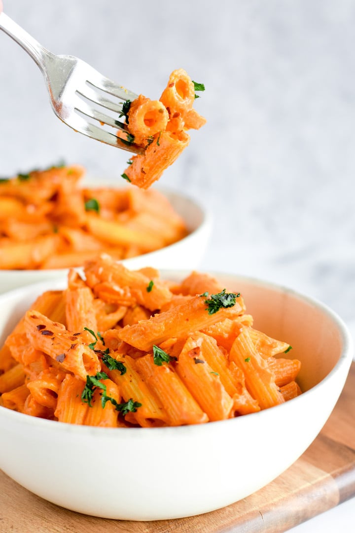 a bowl of pasta in vegan vodka sauce