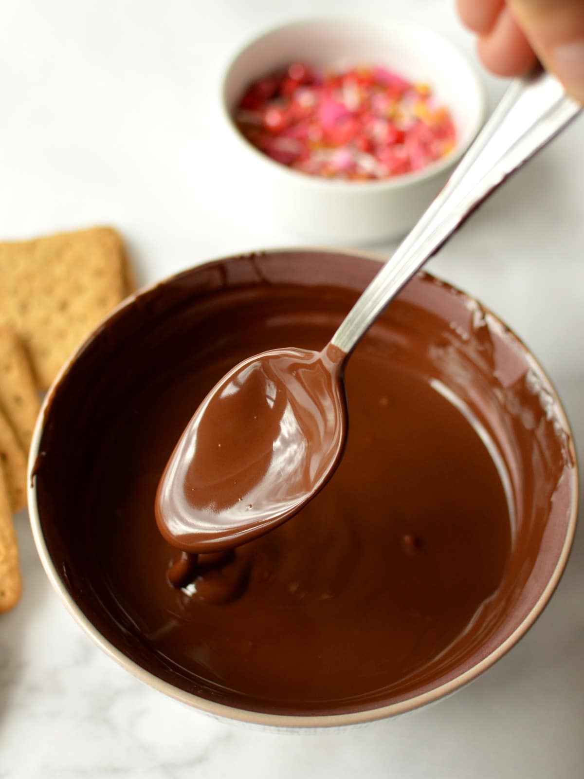 a bowl of tempered chocolate