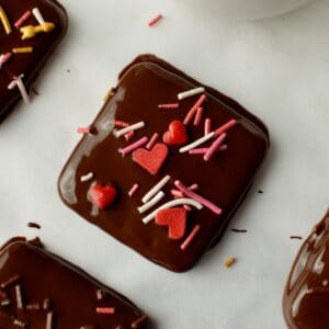 a chocolate covered graham cracker with sprinkles