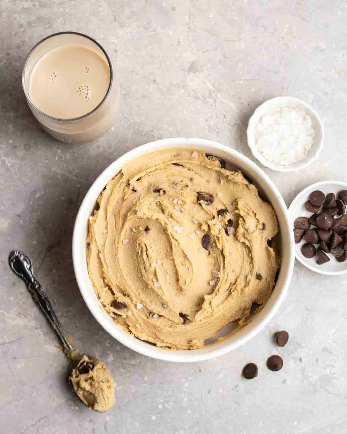 a bowl of cookie dough hummus