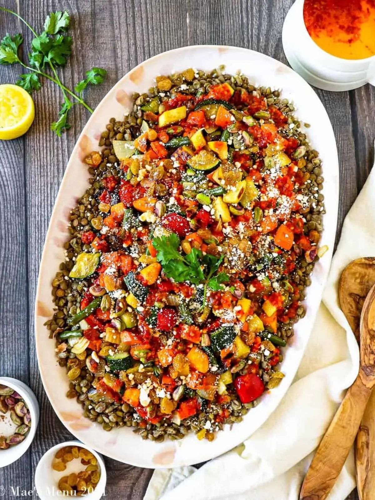 green lentils with roasted veggies and goat cheese