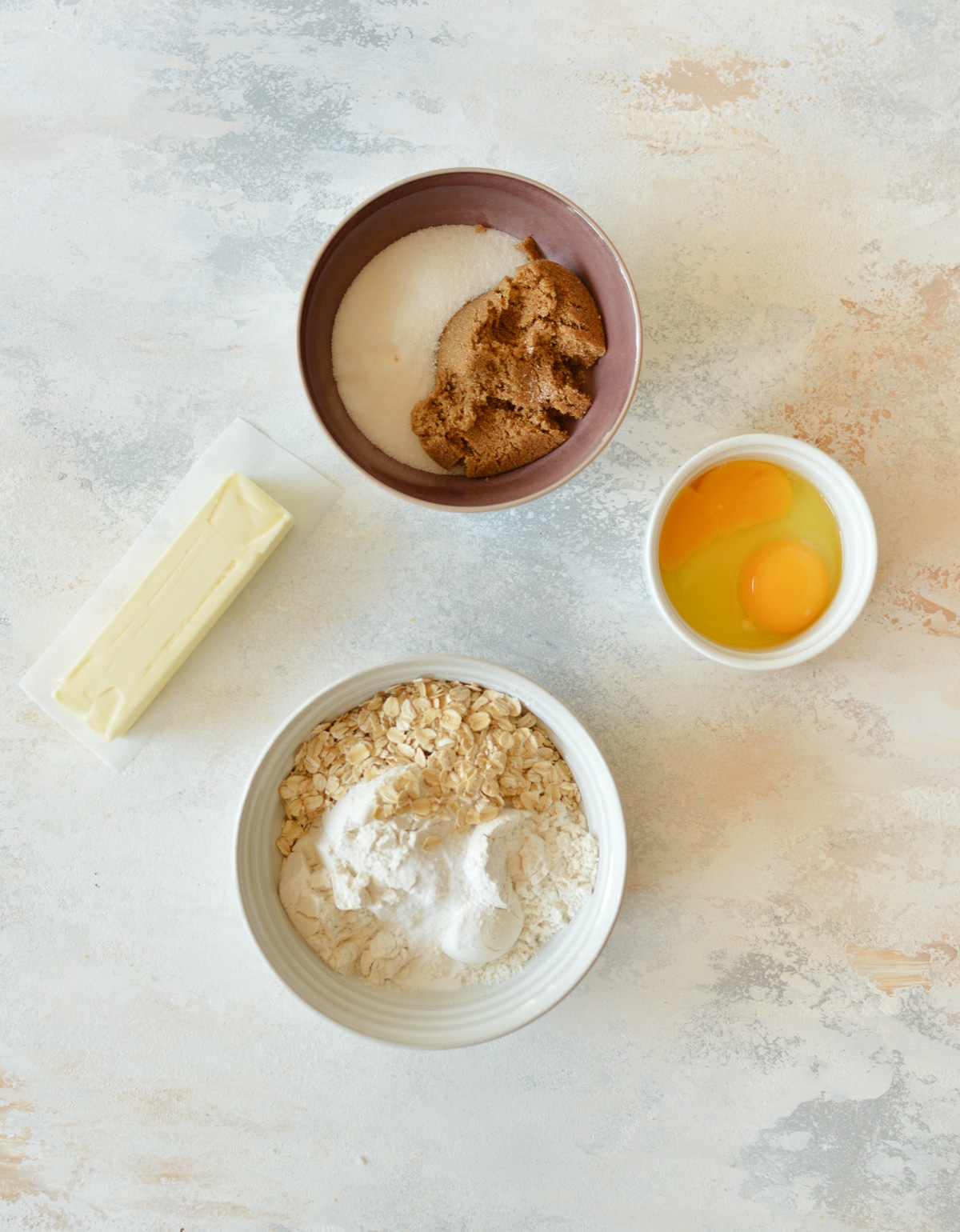 butter, sugar, eggs, gluten-free flour, and oats