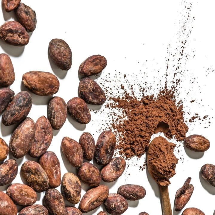 cacao powder next to beans
