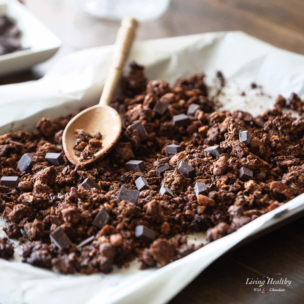 chocolate granola on a sheet pan