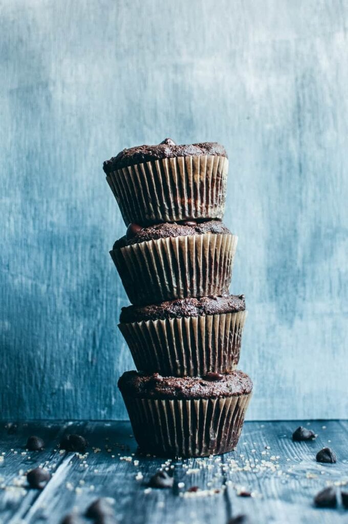 a stack of chocolate muffins