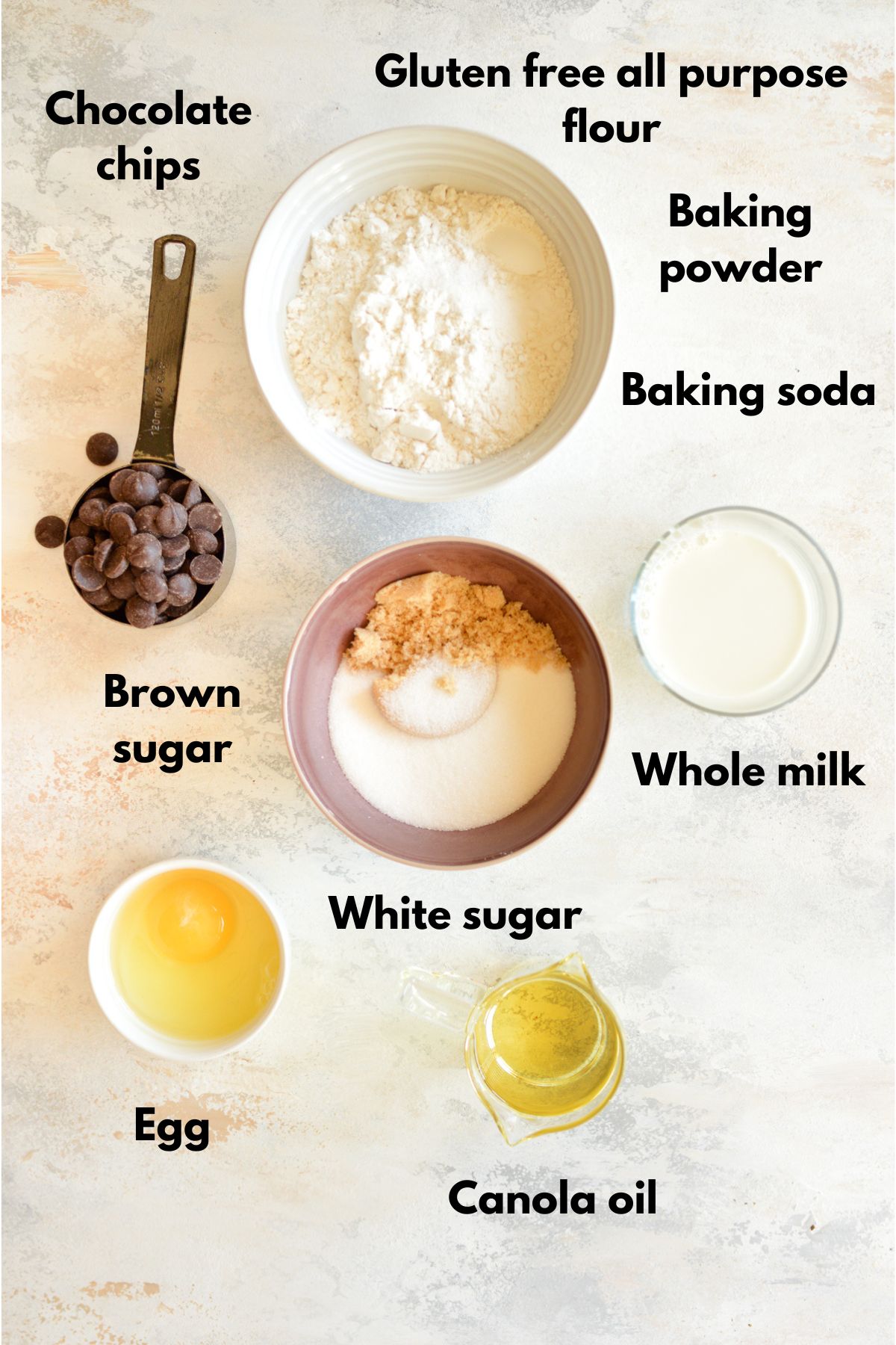 gluten-free flour, chocolate chips, baking powder, baking soda, sugar, milk, and eggs