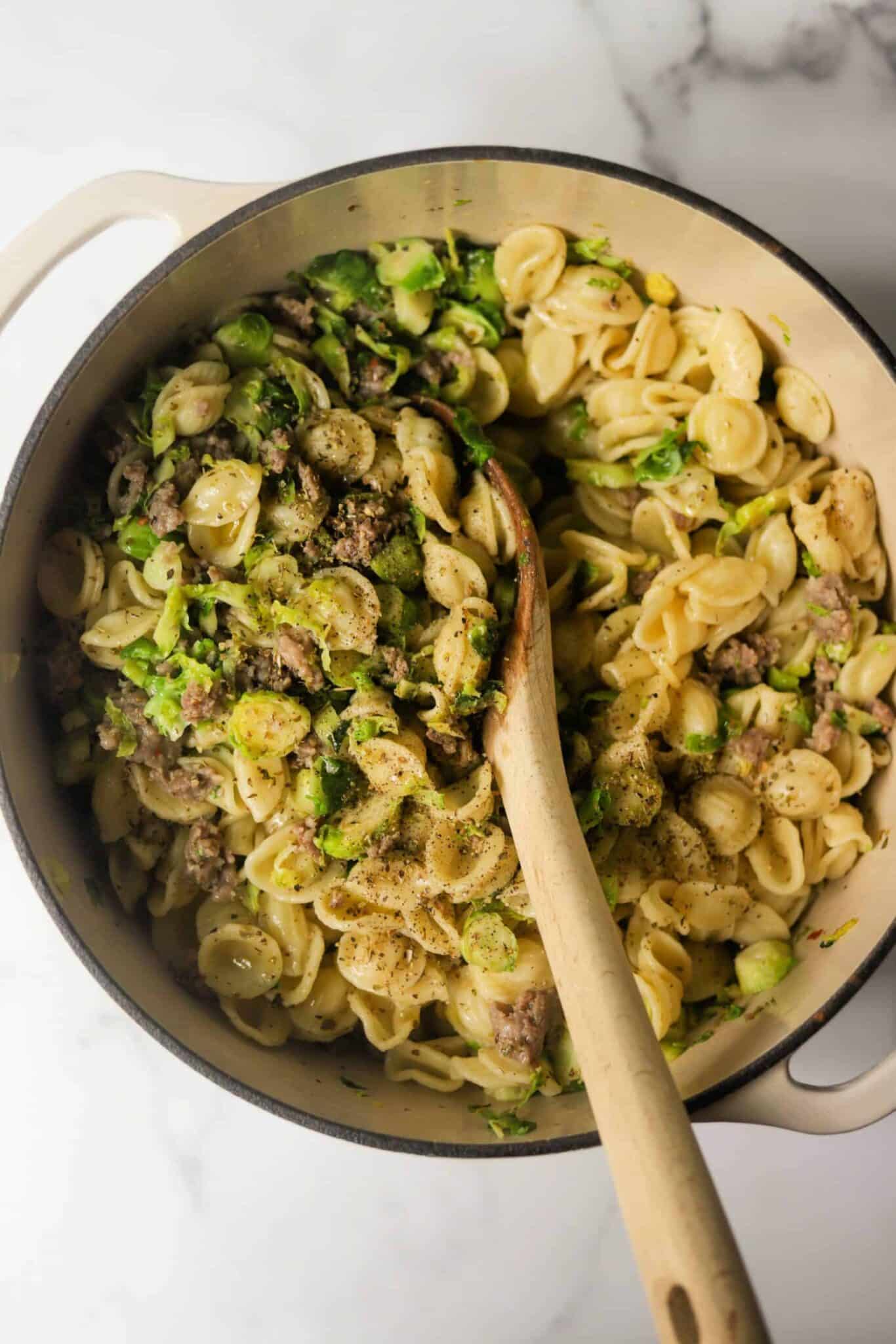 pasta, brussels sprouts, and parmesan