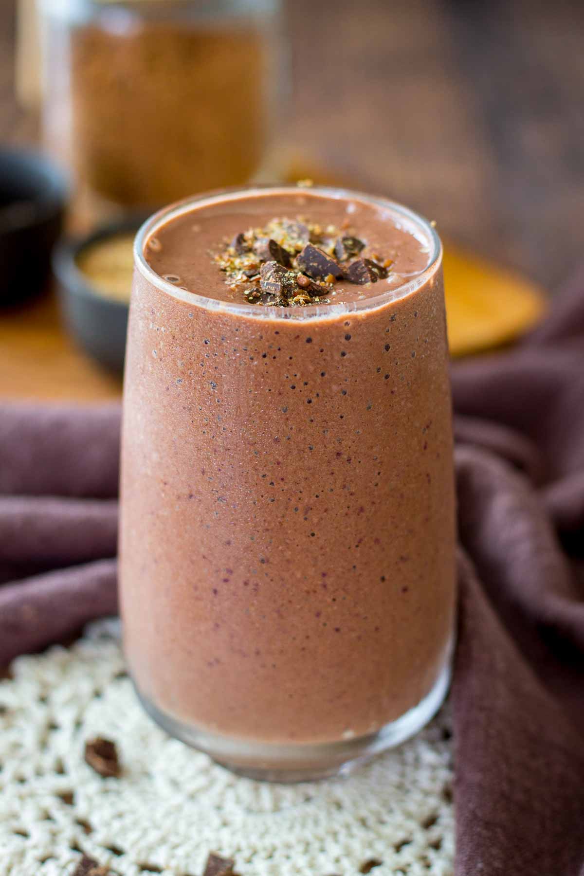 a glass of chocolate smoothie