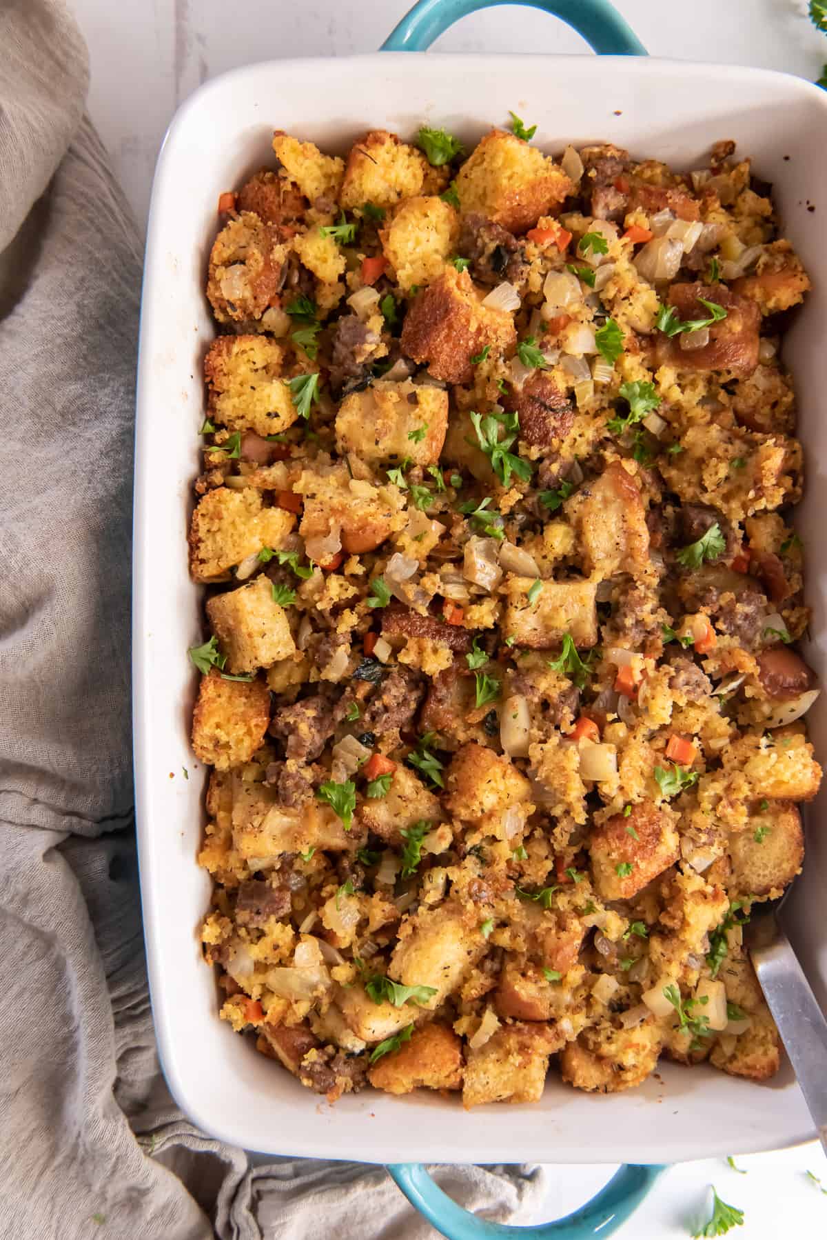 a baking dish of cornbread stuffing