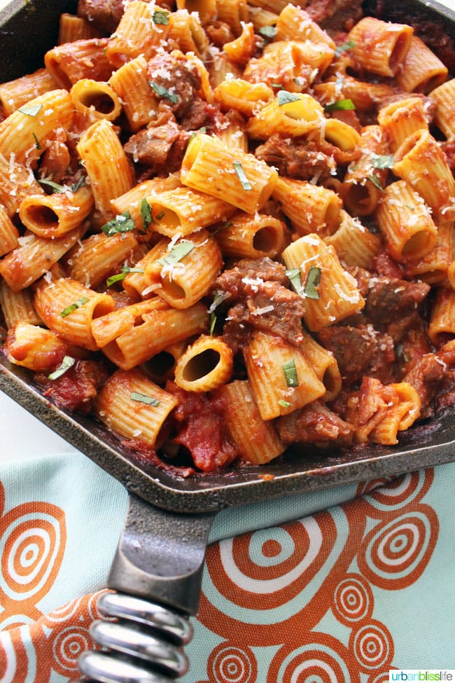 rigatoni and sausage in a skillet