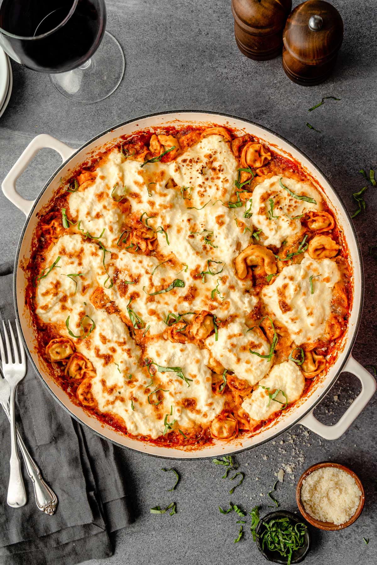 tortellini, sausage, and ricotta in a dutch oven