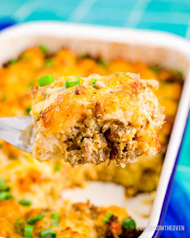 a scoop of breakfast tater tot casserole