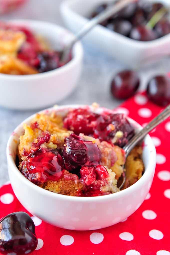 a bowl of cherry dump cake