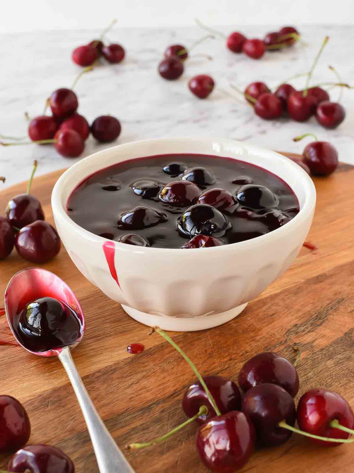 a bowl of sweet cherry sauce