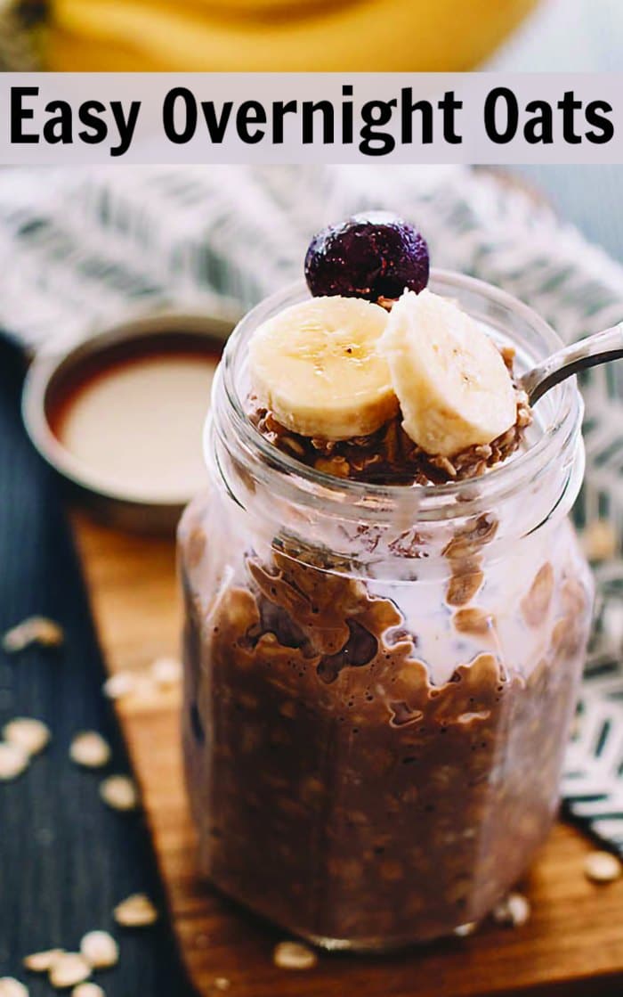 a jar of chocolate overnights with banana and cherries