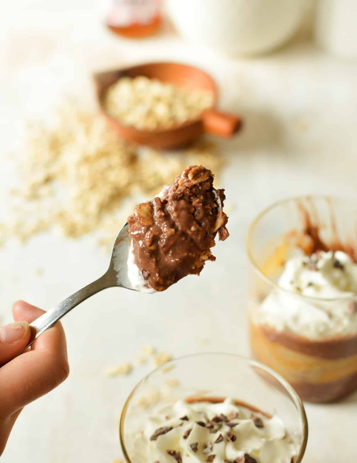 a bite of chocolate overnight oats