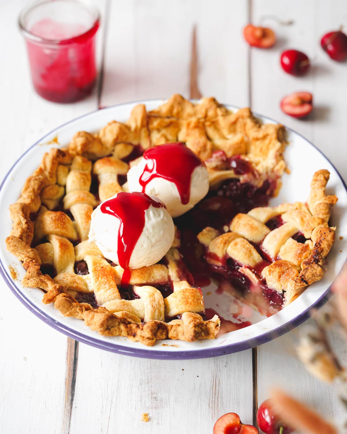 a vegan cherry pie with ice cream