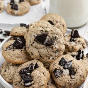 a plate of Oreo chocolate chip cookies on a plate.