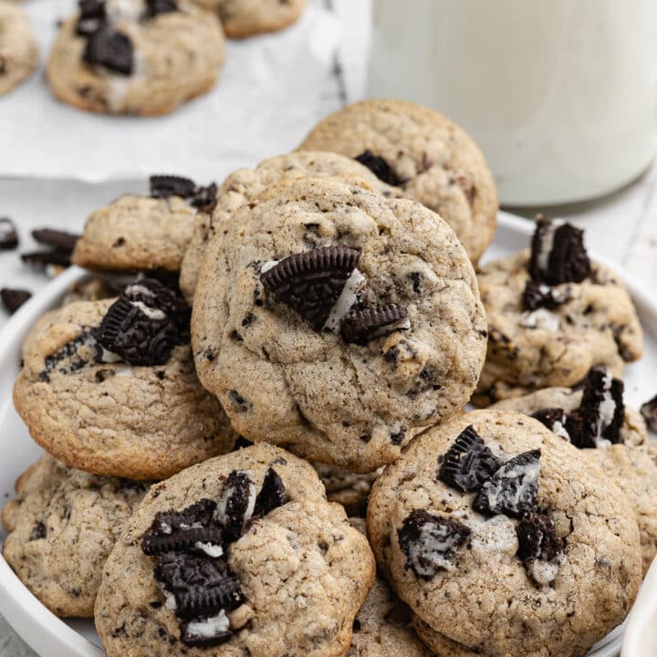 a plate of Oreo chocolate chip cookies on a plate.