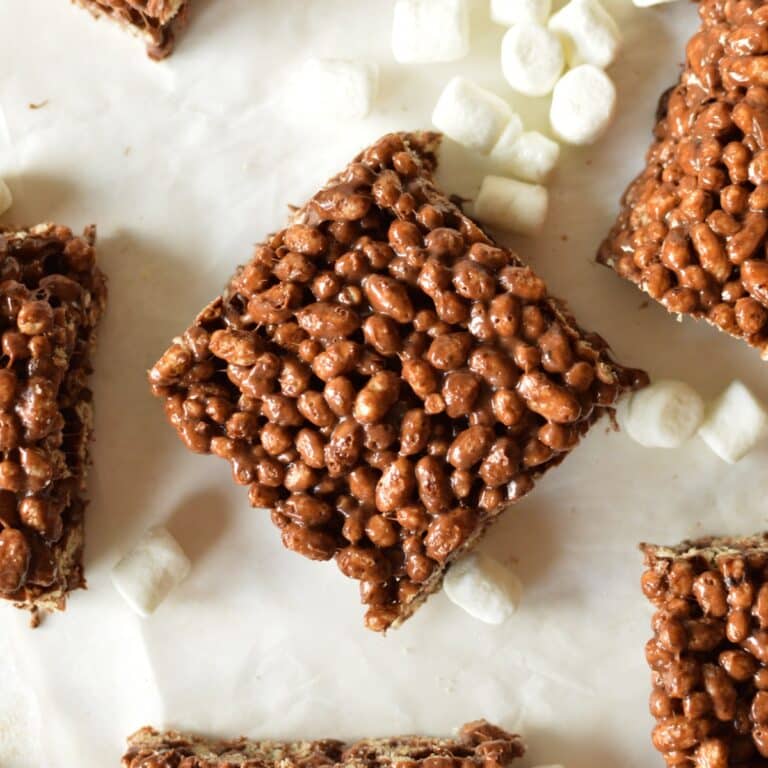 Chocolate Protein Rice Crispy Treats caramel and cashews