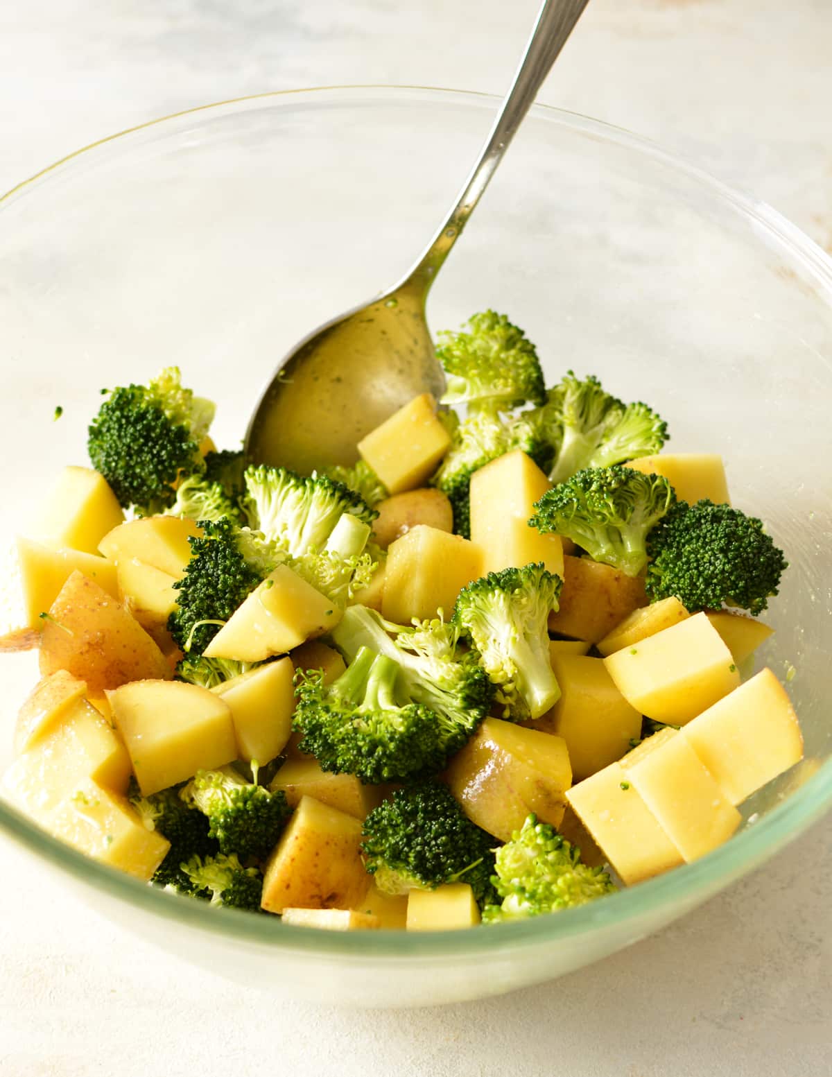 close up of broccoli and potatoes