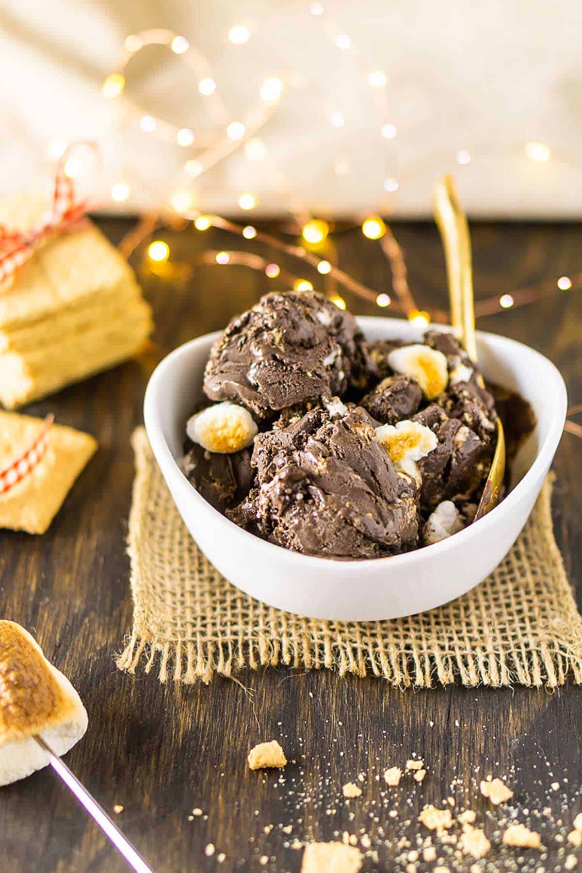 smores ice cream in a bowl with toasted marshmallows.