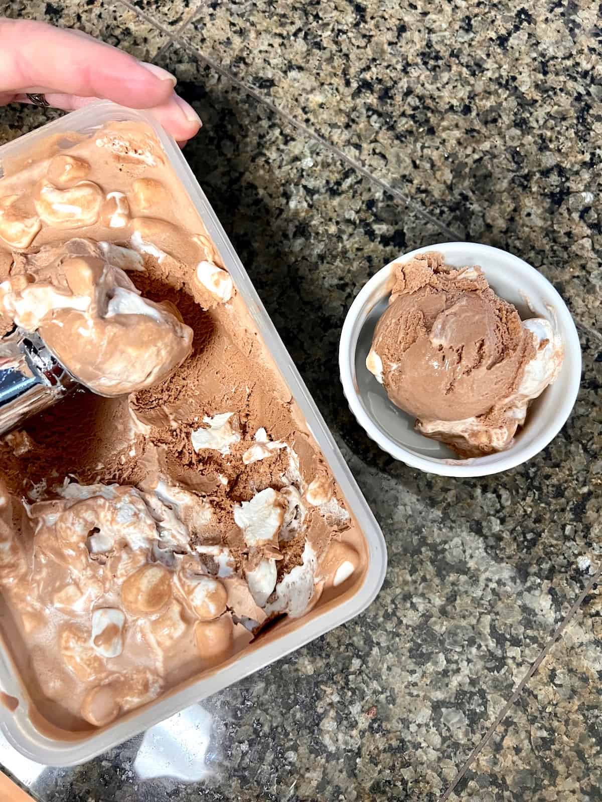 chocolate marshmallow ice cream in a container.