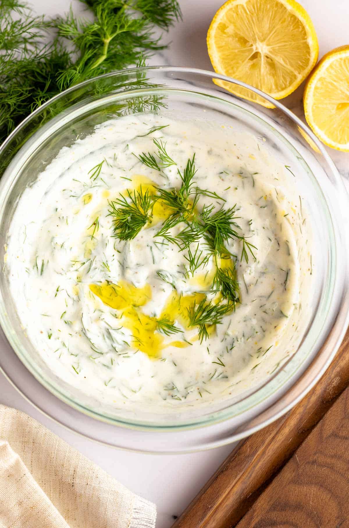 a bowl of yogurt dill sauce.