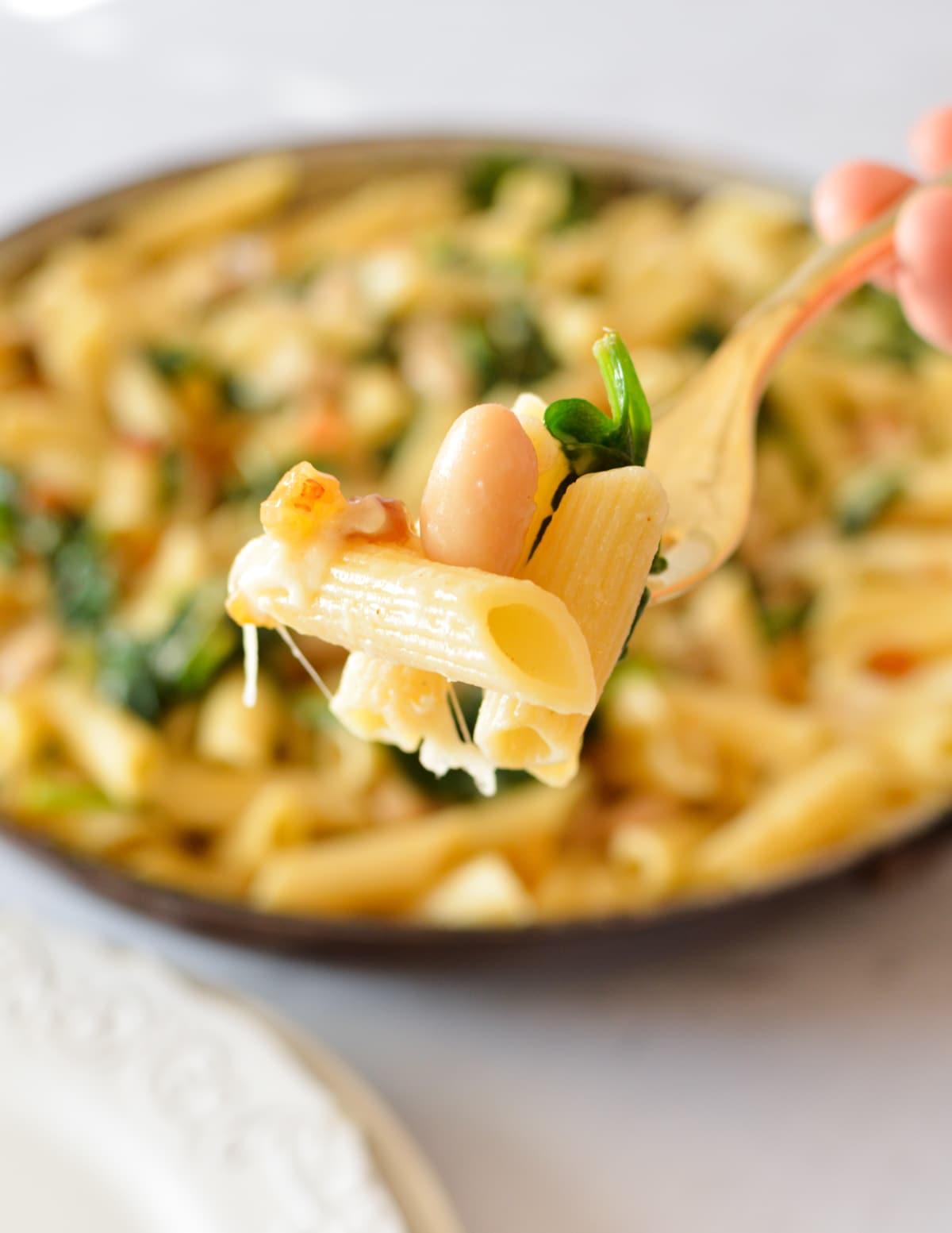 a bite of spinach pasta with parmesan. 