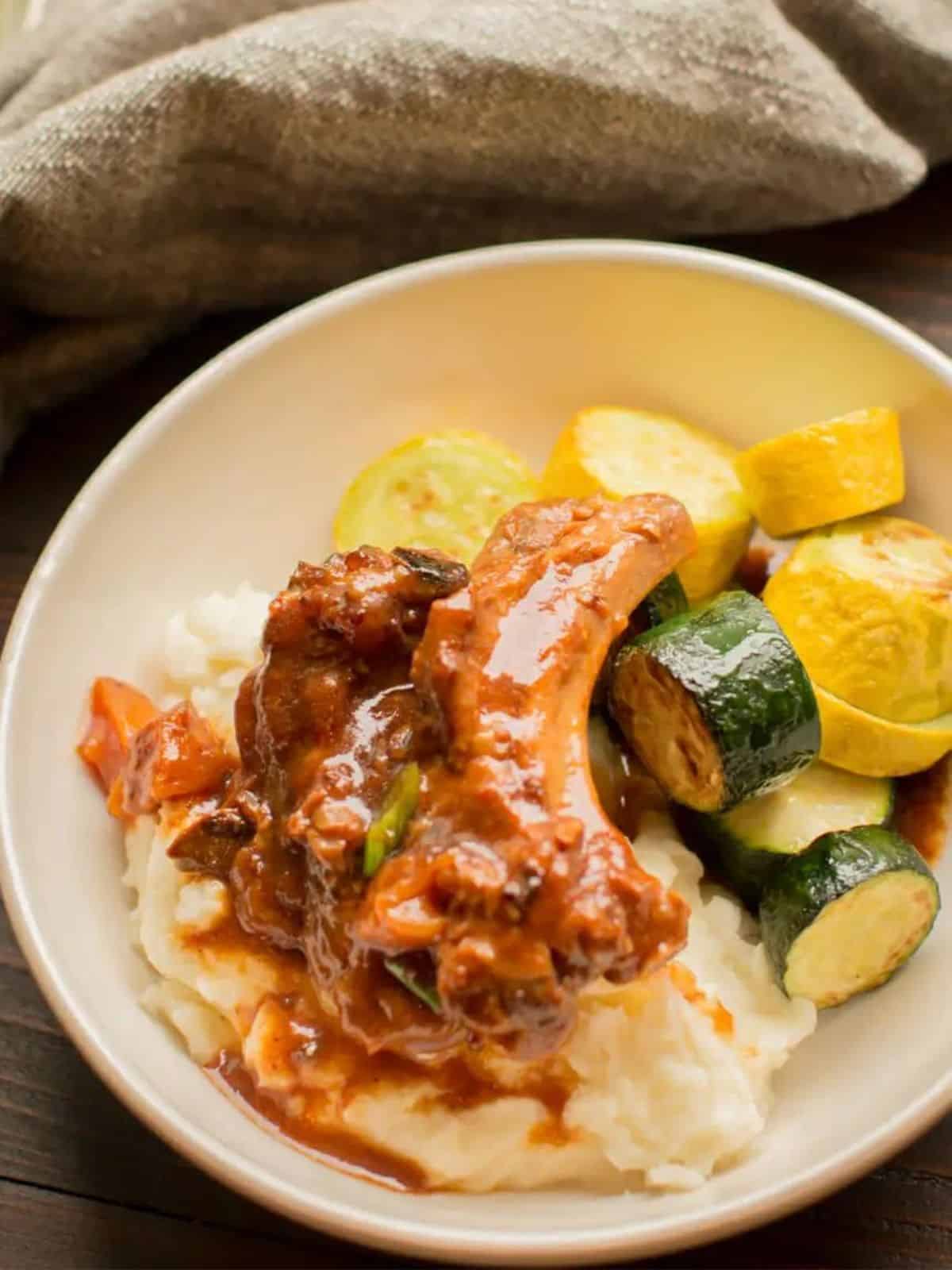 BBQ ribs on mashed potatoes.