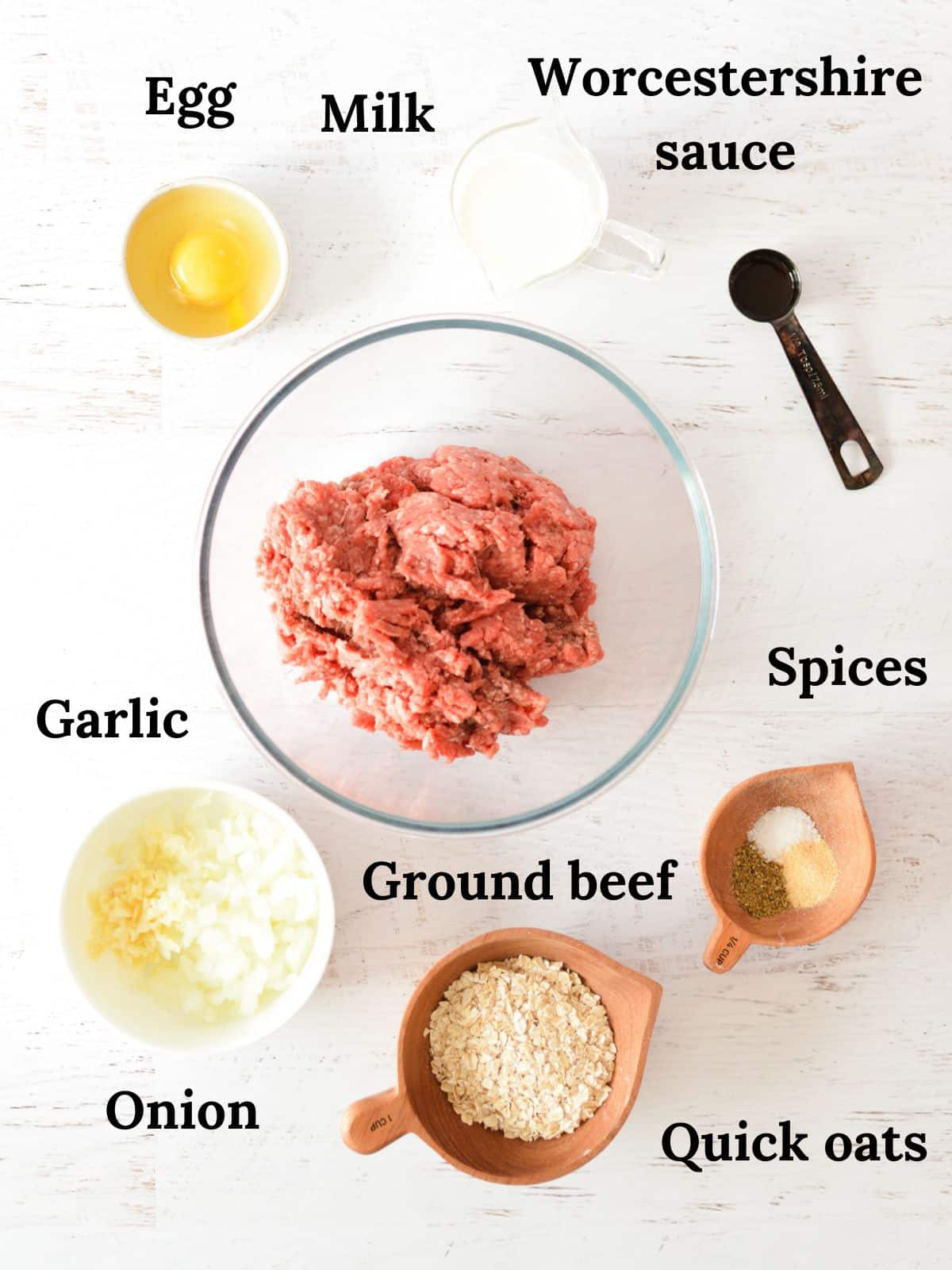 egg, milk, Worcestershire sauce, ground beef, onion, garlic, and spices.